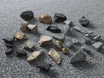 Natural Stones and Wooden Pieces in Various Colors and Shapes Scattered on Ground 3d model