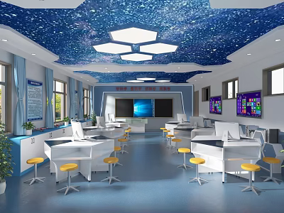 School Science Laboratory With Starry Sky Ceiling Hexagonal Lights White Tables Yellow Stools Wall Screens 3d model