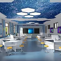 School Science Laboratory With Starry Sky Ceiling Hexagonal Lights White Tables Yellow Stools Wall Screens 3d model