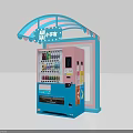 Colorful Blue Pink Vending Machine With Canopy Small Shop Sign And Assorted Drinks