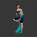 3D Game Movie Character With Brown Hair Blue Outfit And One Leg Bent Pose
