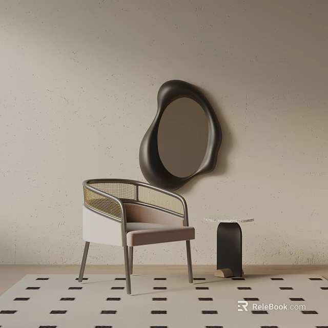 Modern Accent Chair With Metal Frame Beige Cushion Woven Backrest Decorative Mirror And Side Table 3d model 