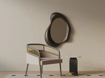 Modern Accent Chair With Metal Frame Beige Cushion Woven Backrest Decorative Mirror And Side Table 3d model