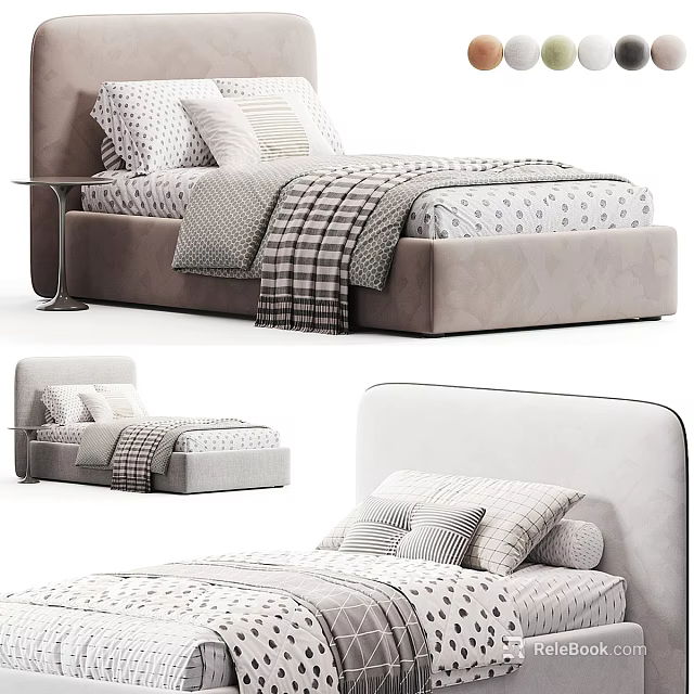 Modern Single Bed Design With Upholstered Headboard Soft Pillows And Checkered Blanket 3d model 