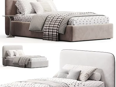 Modern Single Bed Design With Upholstered Headboard Soft Pillows And Checkered Blanket 3d model