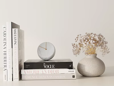 Stylish Decorative Ornament Set With Stacked Books Marble Clock And Ceramic Vase Holding Dried Flowers 3d model