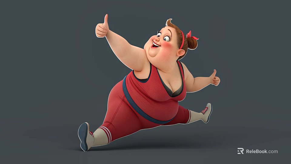 Cheerful Cartoon Plump Woman in Red Sportswear with Red Hairband Running Thumbs Up Gray Background 3d model 