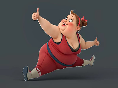 Cheerful Cartoon Plump Woman in Red Sportswear with Red Hairband Running Thumbs Up Gray Background 3d model