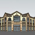 Modern Commercial Street With Brown Beige Exterior Multi Storey Buildings Arched Windows And Pedestrian Plaza