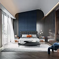 Modern Dark Blue Bedroom Interior With Black Upholstered Headboard Orange Pillows And Paneled Walls