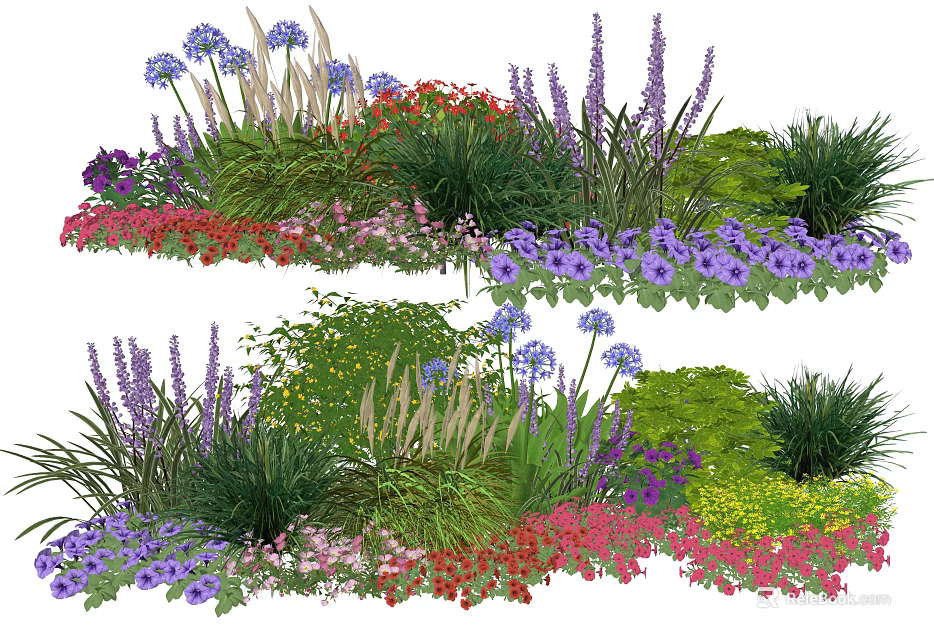 Colorful Garden Plant Combinations With Purple Red Pink Flowers And Green Shrubs 3d model 