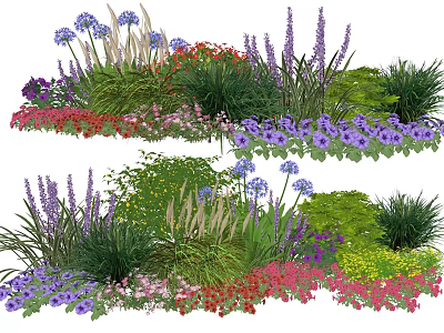 Colorful Garden Plant Combinations With Purple Red Pink Flowers And Green Shrubs 3d model