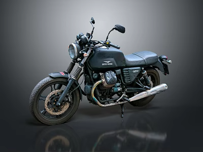 Vintage Black Motorcycle With Round Headlight Leather Seat And Metal Exhaust 3d model