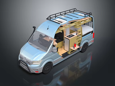 Camper Van Exterior And Interior Design With Roof Rack And Kitchen Area 3d model
