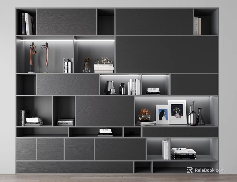 Modern Bookcase Design With Illuminated Shelves Multiple Compartments And Decorative Items 3d model