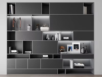 Modern Bookcase Design With Illuminated Shelves Multiple Compartments And Decorative Items 3d model