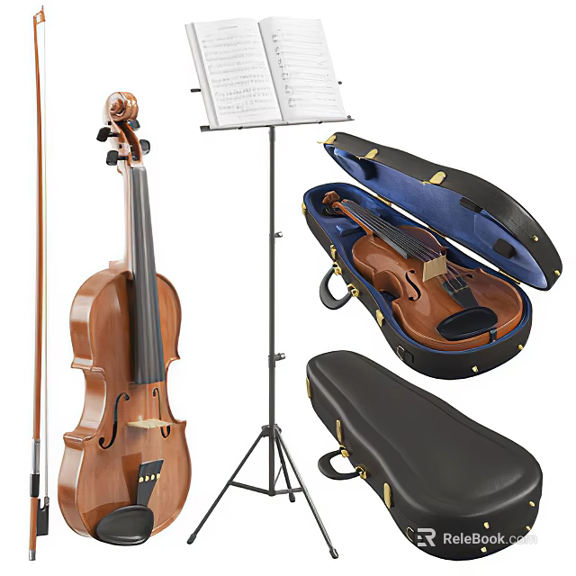 Wooden Violin With Bow Music Stand Open Case And Storage Accessories 3d model 