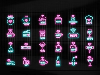 Neon Decorative Lights with Coffee Cup Cake Camera Icons in Pink Cyan for Night 3d model