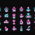 Neon Decorative Lights with Coffee Cup Cake Camera Icons in Pink Cyan for Night