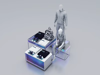 Modern Retail Display Shelves Showcasing Backpack Shoes With Standing Seated Mannequins And Transparent Design 3d model