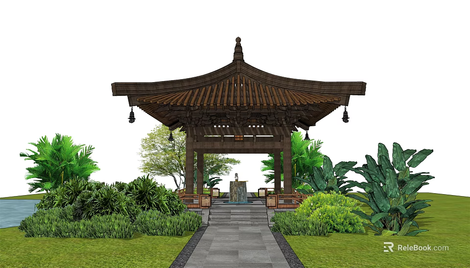 Traditional Chinese Wooden Pavilion In Garden With Lush Green Plants And Stone Path 3d model 