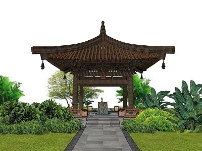 Traditional Chinese Wooden Pavilion In Garden With Lush Green Plants And Stone Path 3d model