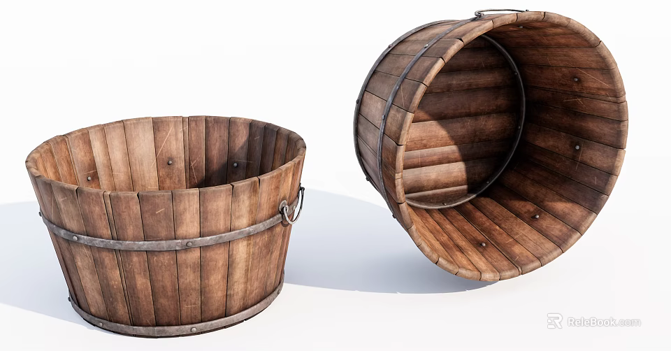 Vintage Rustic Wooden Barrel Shaped Wash Basin With Metal Hoops 3d model 