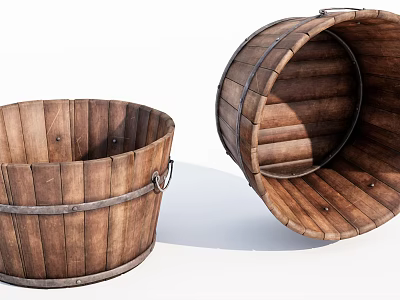 Vintage Rustic Wooden Barrel Shaped Wash Basin With Metal Hoops 3d model