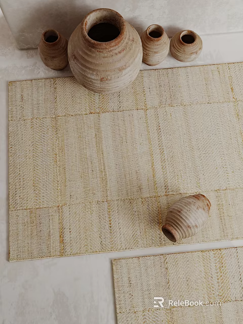 Neutral Textured Square Rug With Decorative Pottery 3d model 
