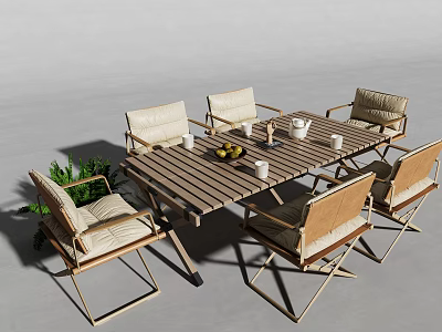 Outdoor Wooden Table With Comfortable Chairs Fruit Bowl And Cups Modern Design 3d model