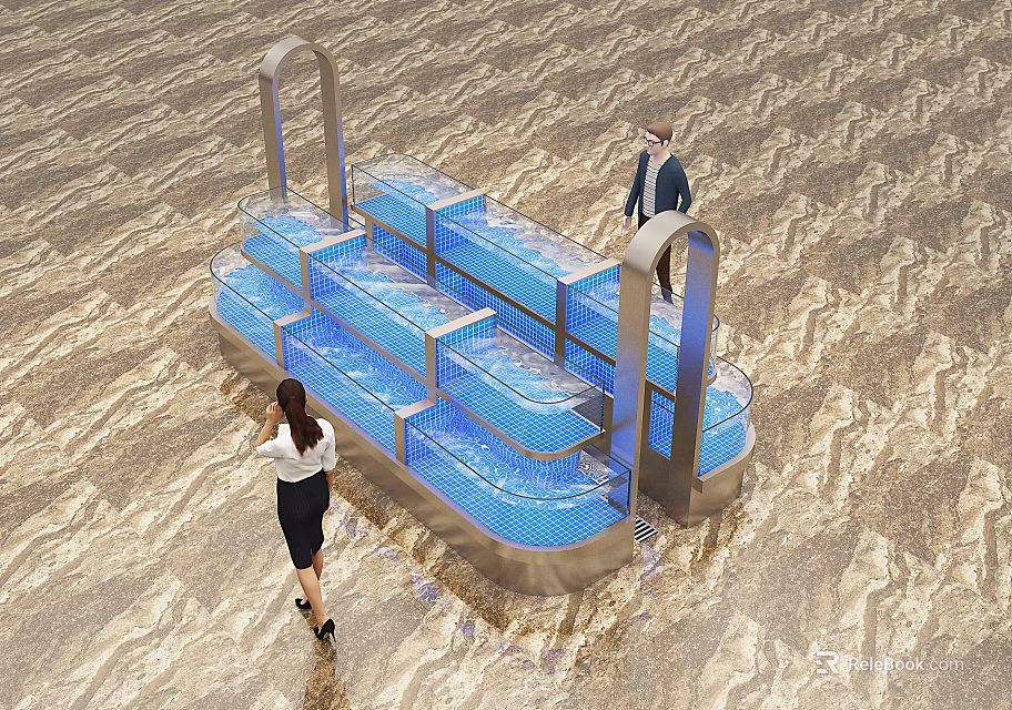 Multi tiered Aquarium Display with Metal Frame Blue Lighting and People Nearby 3d model 