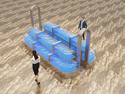 Multi tiered Aquarium Display with Metal Frame Blue Lighting and People Nearby 3d model