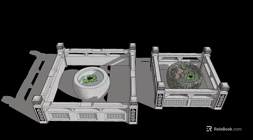 Traditional Chinese Style Square Aquarium Fish Tank With Decorative Frame And Aquatic Plants 3d model 