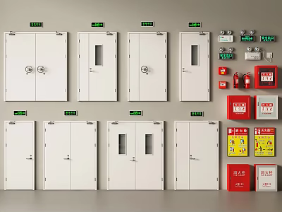 Fireproof Double Doors With Emergency Exit Signs And Safety Equipment 3d model