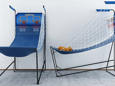 Portable Indoor Basketball Hoops with Blue Backboard Net and Orange Basketballs on Black Stand 3d model