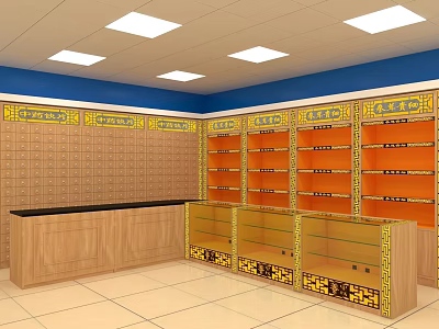 Retail Showroom Interior With Wooden Counter Orange Shelves And Blue Walls 3d model
