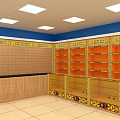 Retail Showroom Interior With Wooden Counter Orange Shelves And Blue Walls