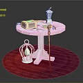 White Round Table Scene With Red Lace Rug Birdcage Decor And Tabletop Items
