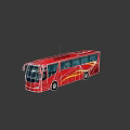 Red Bus with Yellow Decorative Stripes and Windows Parked on Gray Background with Reflection