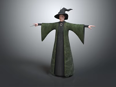 Wizard Character In Green Robe With Black Pointed Hat And Outstretched Arms 3d model