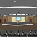 Modern Conference Room With Auditorium Seating Stage Projection Screen And Wooden Paneling