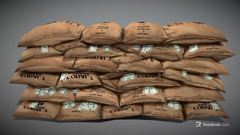 Household Brown Storage Bags With 1 MILLION Label And Containing Dollar Bills 3d model 