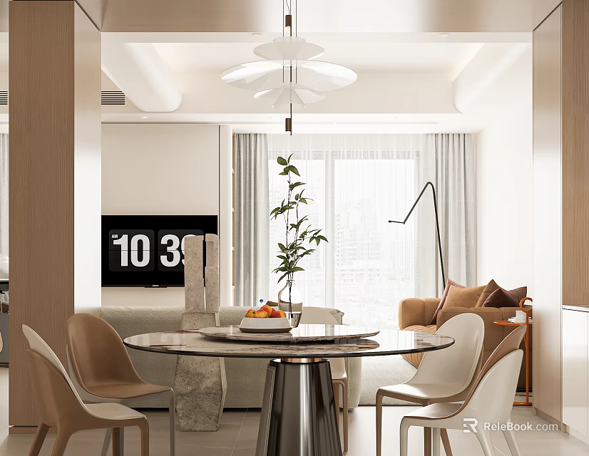 Modern Restaurant Interior With Marble Top Dining Table Chairs Hanging Light Plant And Natural Light 3d model 
