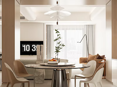 Modern Restaurant Interior With Marble Top Dining Table Chairs Hanging Light Plant And Natural Light 3d model