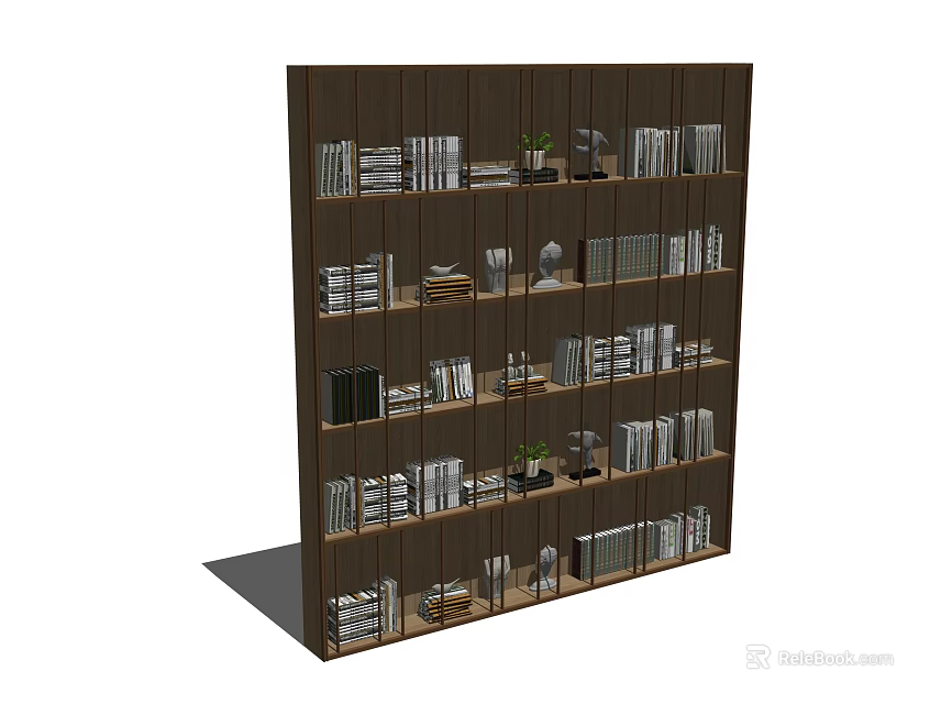 Modern Multi Tiered Bookcase Interior Design With Books Decorations And Plant 3d model 