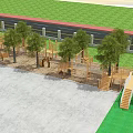 Kindergarten Outdoor Playground With Wooden Climbing Structure Slide Trees Sand And Grass