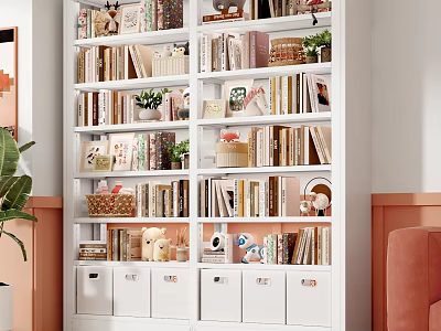 White Multilayer Bookshelf With Books Decorations Green Plants Storage Boxes And Dolls 3d model