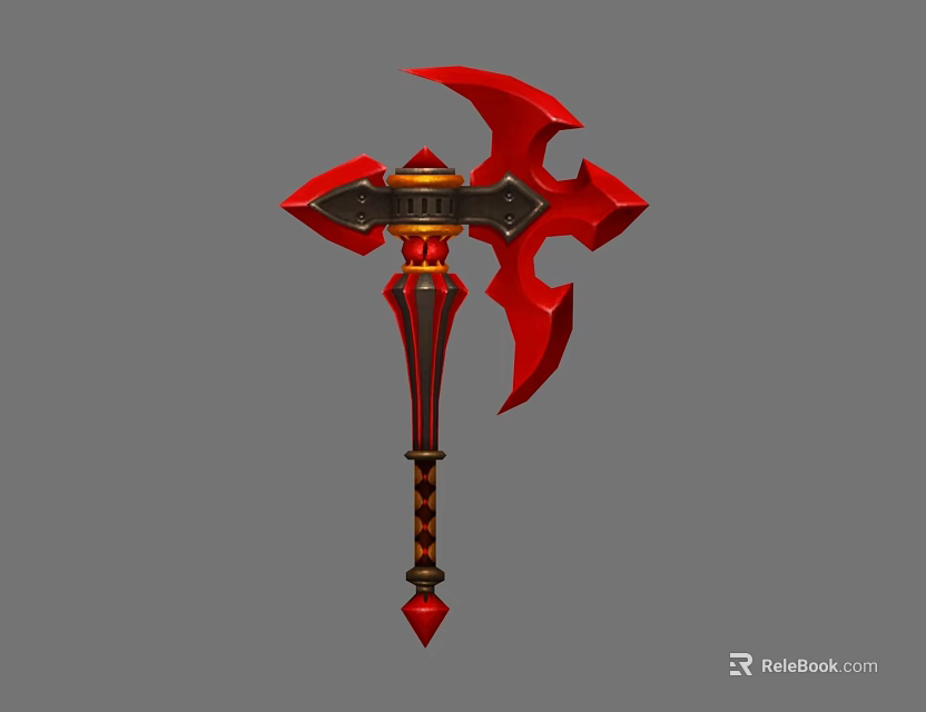 Double Bladed Red Axe Weapon with Golden Accents and Black Red Striped Handle 3d model 