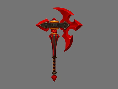 Double Bladed Red Axe Weapon with Golden Accents and Black Red Striped Handle 3d model