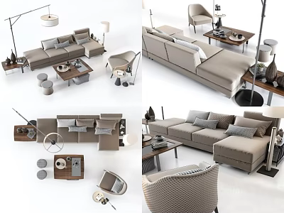 Modern Light Beige Sofa Coffee Table Set With Accent Chairs And Floor Lamps 3d model